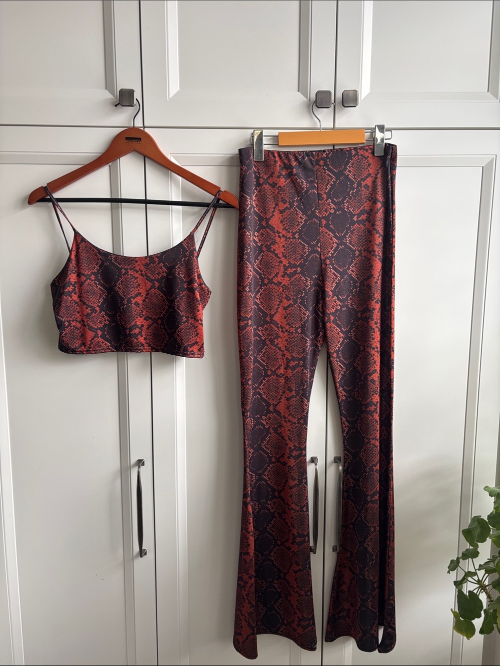 Missguided + Red Snake-Print Crop Cami & Flared Pants Set